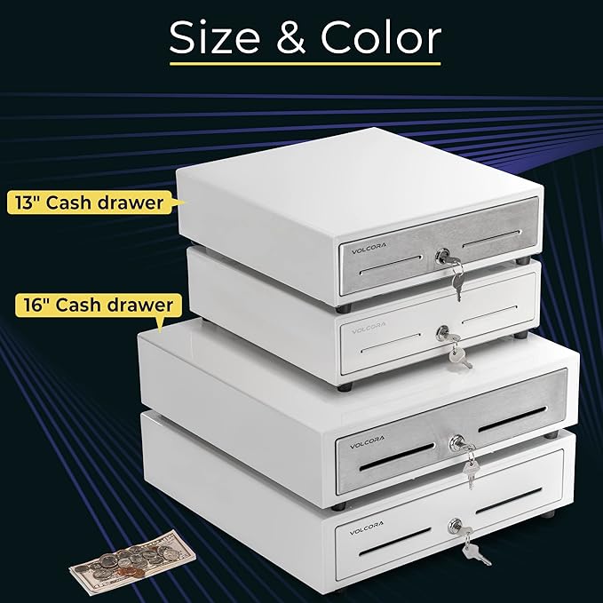 Volcora 13" Cash Register Drawer for Point of Sale (POS) System with 4 Bill 5 Coin Cash Tray, Removable Coin Compartment, 24V, RJ11/RJ12 Key-Lock, Media Slot, White - for Stores, Shops and Businesses