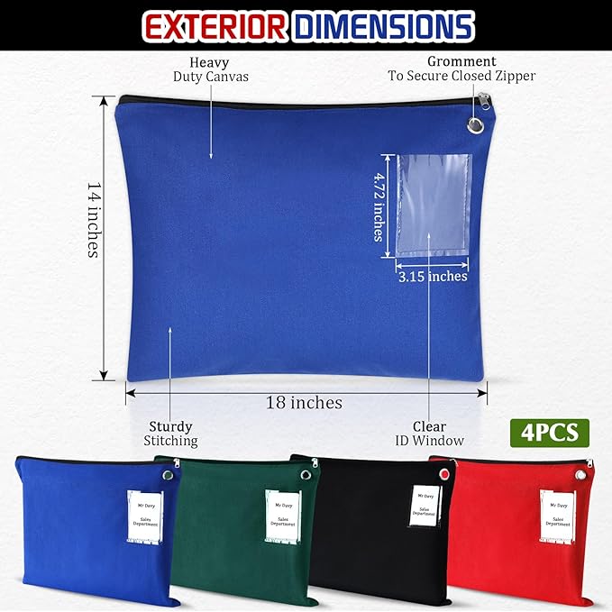 4 Pcs Interoffice Mailer Canvas Transit Sack Zipper Bag 18" x 14" Large Zipper Pouch with Grommet Interoffice Mail Bag (Black,Blue,Red,Green)