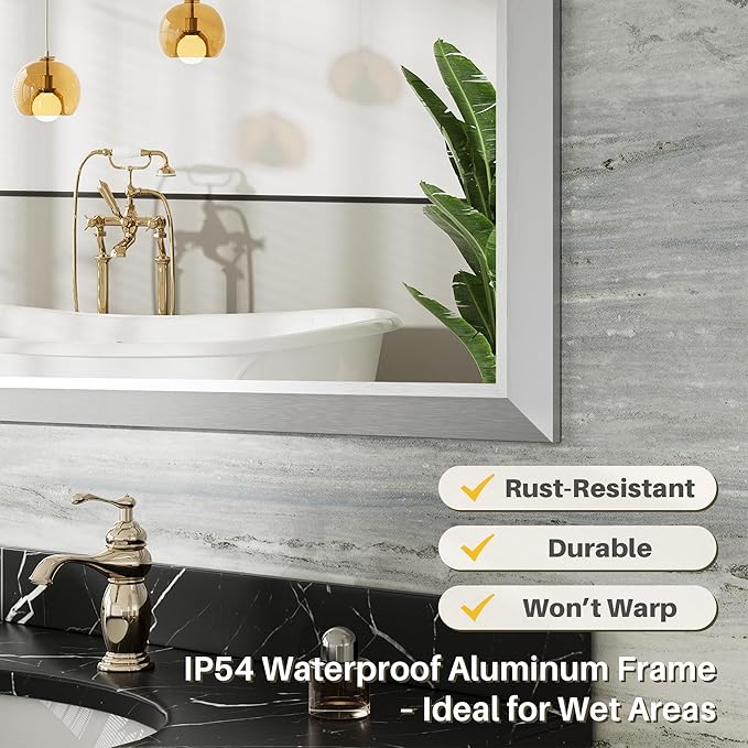 36x32 Inch Brushed Nickel Bathroom Mirror for Wall, Thick Metal Framed Rectangle Mirrors for Over Sink, Bedroom, Living Room, Entryway, Anti-Rust, HD Tempered Glass