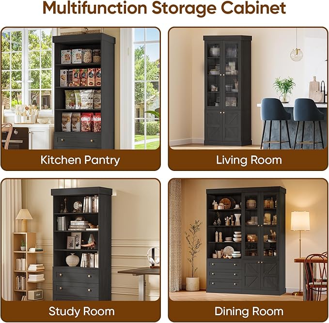 Vyre 71" Tall Farmhouse Bookshelves with Glass Doors and Drawers, Set of 3 – Large Modular Bookcase with Adjustable Shelves, Storage Cabinet for Living Room, Kitchen, Black