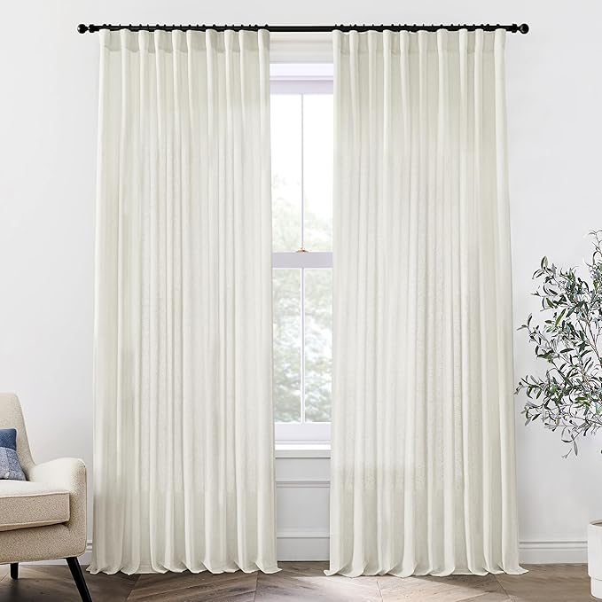 Extra Wide Curtains 70 In Width for 72 Inch Window,Pleated Back Tab Linen Semi Sheer Full Length Curtains for Living Room Sliding Glass Door 2 Panel Set,72x102,70x102,6FT x 102 Inches Long,Cream