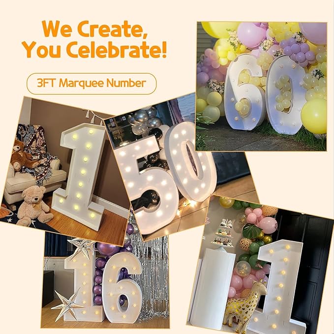 Marquee Numbers 3 Feet Tall Large Light Up Numbers 3th 13th 30th Three RexBirthday Decorations Big Yellow Light Outdoor Anniversary Decorations Balloon Arch Kit Party Backdrop 3