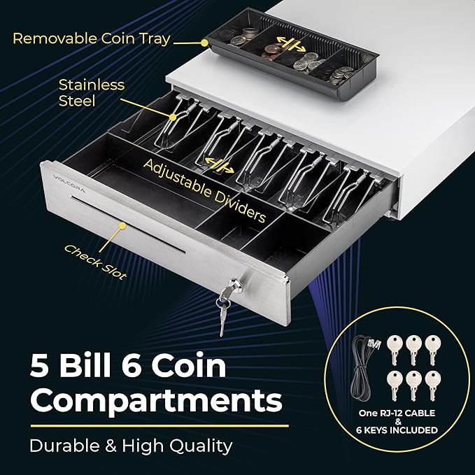 Volcora Cash Register Drawer for Point of Sale System 16" Stainless Steel Front & Removable Coin Tray, 5 Bill/6 Coin, 24V, RJ11/RJ12 Key-Lock, Media Slot, Cash Till, Money Drawer for Businesses, White