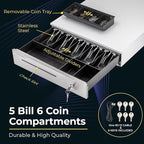 Volcora Cash Register Drawer for Point of Sale System 16" Stainless Steel Front & Removable Coin Tray, 5 Bill/6 Coin, 24V, RJ11/RJ12 Key-Lock, Media Slot, Cash Till, Money Drawer for Businesses, White