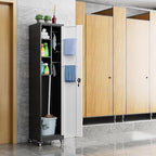Aobabo Metal Broom Closet Storage Cabinet with Wheels, 72'' Tall Steel Cleaning Tool Cabinet for Garage with Pegboards and Hooks,Black and Grey,Assembly Required