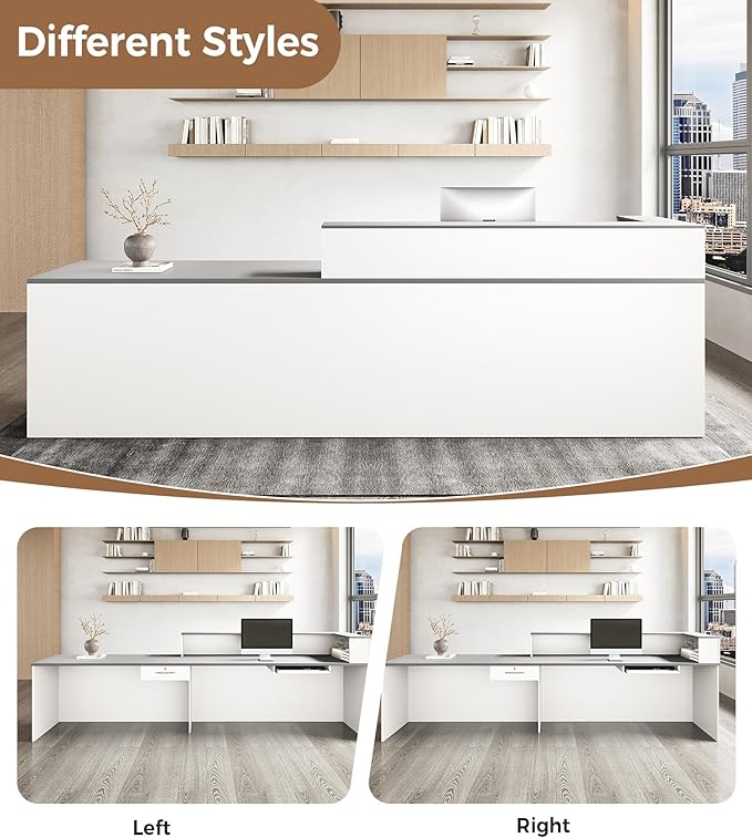 Modern L-Shaped Reception Desk with Counter – 63" Front Desk Reception Room Table with Lockable Drawer & Keyboard Tray for Office, Salon, Lobby, Checkout (White + Gray, Left)