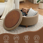 30Inch Round Storage Ottoman with Tray, Modern Tufted Fabric Circle Coffee Table with Storage, Upholstered Ottoman with Removable Top for Living Room, Bedroom, Brown