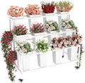 Flower Display Stand with 12 Buckets & Wheels – 3-Tier Mobile Flower Cart, White Metal Flower Bar for Weddings, Florist Shops, Patio, Garden & Home