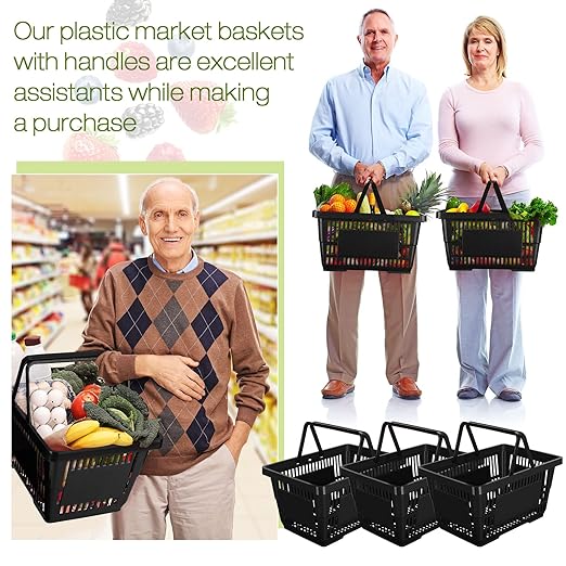 20 Pcs Bulk Shopping Baskets with Handles, 20 L Plastic Grocery Basket 16.9'' x 11.8'' x 9.1'' Portable Shopping Cart for Retail Stores Supermarket(Black)