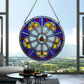 Stained Glass Window Hanging Tiffany Plant Style Blue Flower Suncatcher 12" Roud Wall Decor Art Panel Include 20" Chain and Hooks Perfect Christma Housewarming Gift
