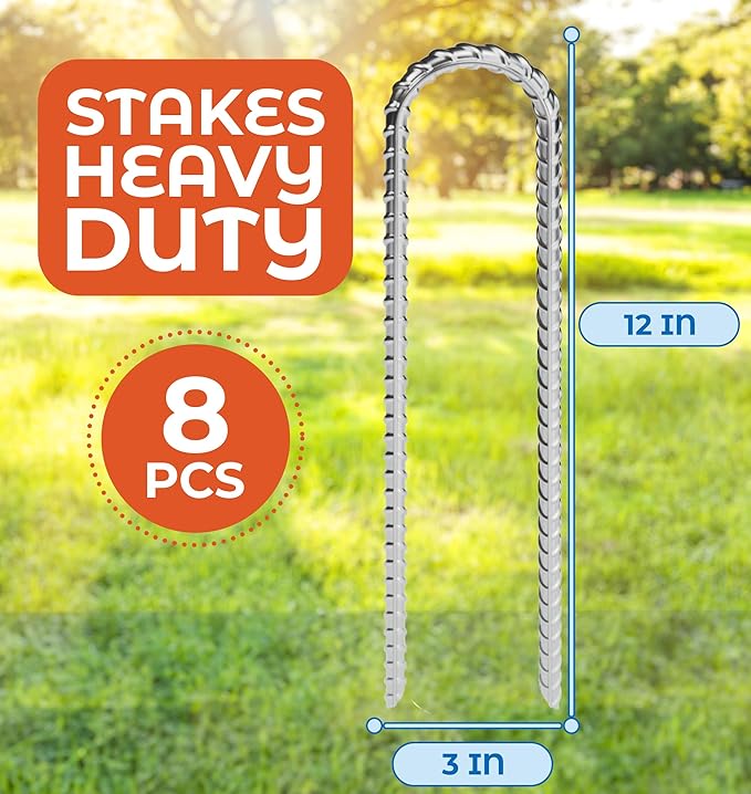 Happin® 12 Inch Heavy Duty Ground Anchors, Garden Stakes U Hook, Tent Stakes Heavy Duty, Chain Link Fence Anchors, Ground Anchors Screw in, Yard Stakes, Galvanized Steel, (8 Pack, Silver)