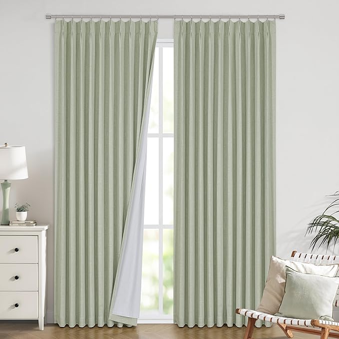 Vision Home Soft Green Pinch Pleated Full Blackout Curtains Linen Blended Room Darkening Window Curtains 120 inch for Living Room Bedroom Thermal Insulated Pinch Pleat Drapes with Hooks 60" Wx120 Lx1