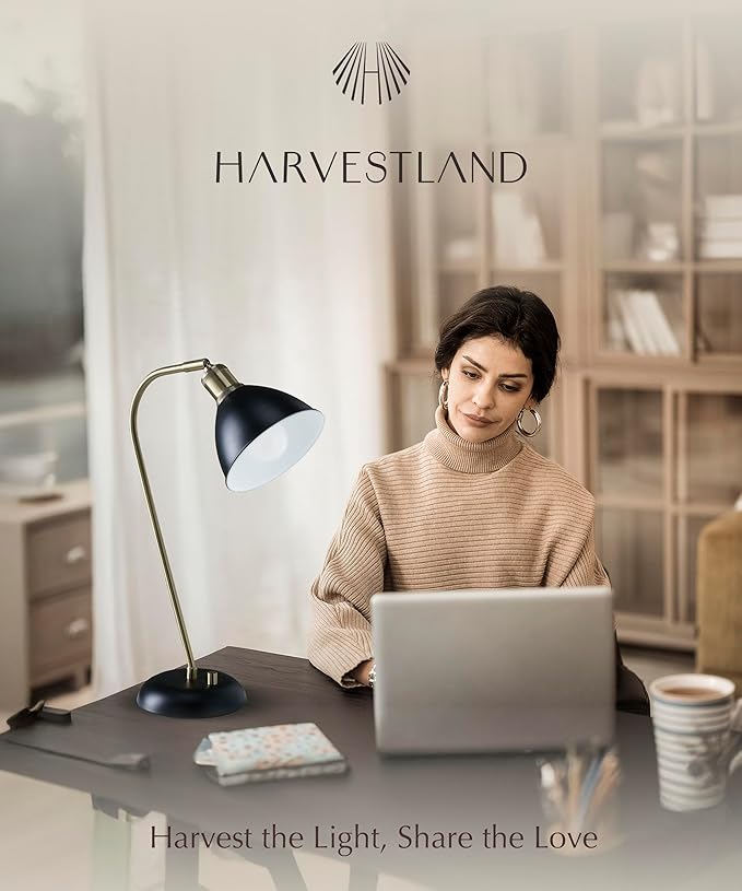 HarvestLand Halo Black and Brass Desk Lamp – Adjustable Desk Lamp with Metal, Industrial Table Lamp with Solid Base for Home Office, Bedside Table Lamps, Task Lamp, Reading lamp, Christmas Gifts