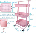 3 Tier Utility Rolling Cart Multifunction Organizer Shelf Storage Cart with 3 Pieces Cups and 8 Pieces Hooks for Home Kitchen Bathroom Laundry Room Office Store etc. (Pink)