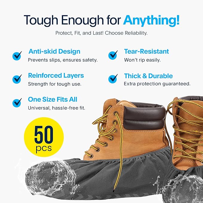 Premium Boot & Shoe Covers Disposable Booties - 50 Pack - Durable, Non-Slip, Non-Toxic, Water Resistant, Recyclable Protectors for Indoor & Outdoor - Large Size Fits Most Shoes