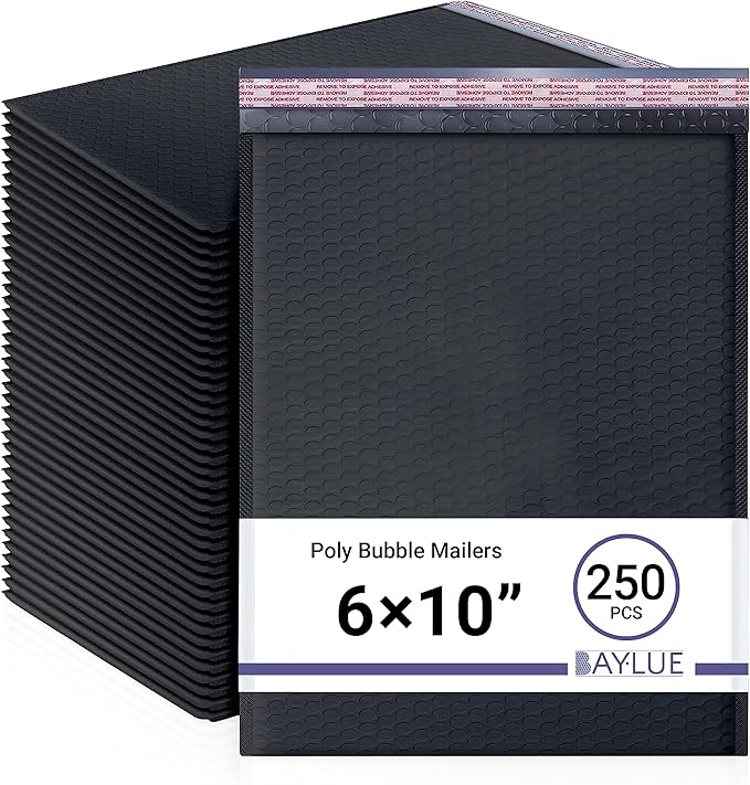 Black Small Poly Bubble Mailers 6x10 inch #0 | Self Seal Padded Envelopes | Cushioned Bubble Mailer | Usable Size 6x9 | WaterProof | Lightweight mailing Shipping Bags | 250 Pack Bulk
