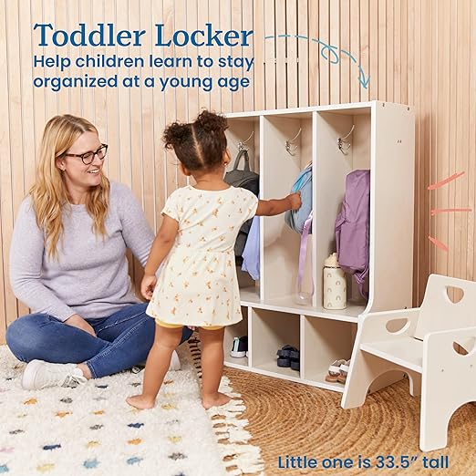 ECR4Kids Streamline 3-Section Toddler Coat Locker with Bench, Kids Furniture, White Wash