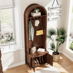 Hall Tree with Bench and Shoe Storage, Entryway Storage Bench with Coat Rack, 70.9"Arch Coat Rack with 4 Hooks and 2 Fluted Doors, Farmhouse Style Furniture Organizer for Hallway (Walnut, 23.7"W)