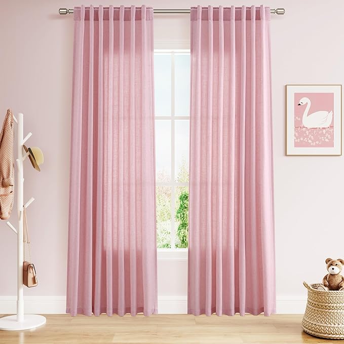 Linen Look Rose Curtains 84 Inch Long 2 Panel Set with Back Tab Rod Pocket Light Filtering Privacy Semi Sheer Textured for Neutral Farmhouse Style Bedroom and Living Room 52x84
