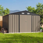 Patiolife Outdoor Storage Shed 10x8 FT with Floor Frame, Garden Tool Metal Shed with Sloping Roof and Double Lockable Door for Backyard Garden & Patio, Brown