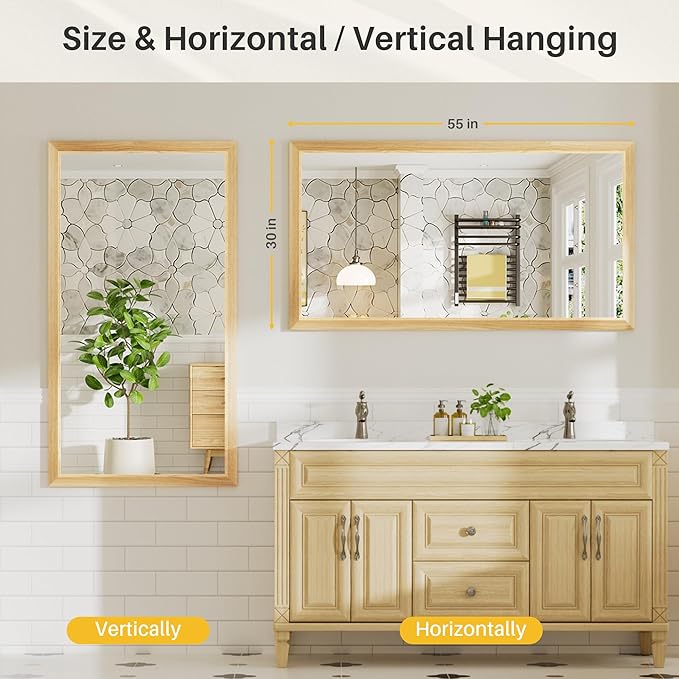 55x30 Inch Bathroom Mirror for Wall, Anti-Rust Oak Wood Grain Metal Framed Bathroom Mirrors for Over Sink,Rectangler Mirrors for Bathroom Vanity, Farmhouse, Bedroom, Living Room, Entryway Decor