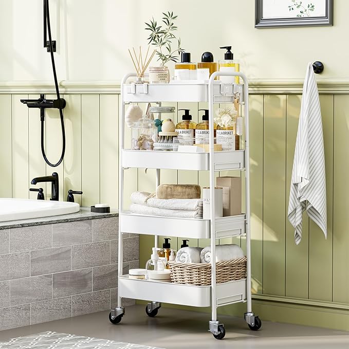TOOLF 4-Tier Metal Rolling Cart with Wheels, Storage Utility Organizer Cart for Kitchen, Bathroom, Office, Baby Essentials & Makeup - Lockable Casters, Easy Assembly, Large Capacity, White