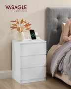 VASAGLE Nightstands with Charging Station, Set of 2, AC Outlets and USB Ports, Bedside Tables, Side Tables with 3 Drawers, Modern Style, 13.8 x 15.7 x 23.2 Inches, Cloud White ULET731W16