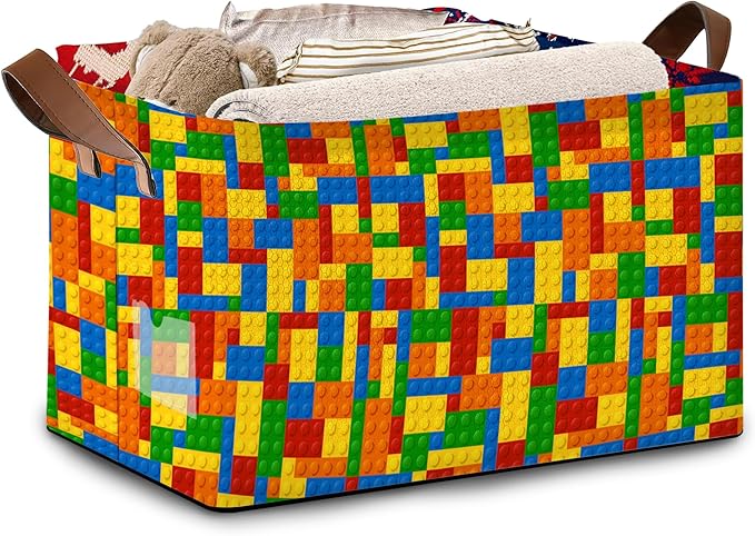 Colorful Building Blocks Storage Basket Large 17x11.5x10.5 Inche-Collapsible Fabric Organizer Bin with Handles for Kids Room, Toys, Playroom-Decorative Hamper with Educational Block-Single Pack