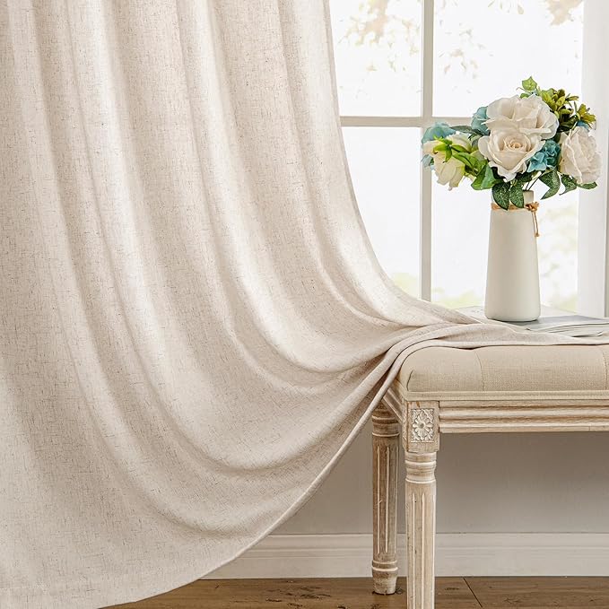 MIULEE Non-See-Through Privacy Linen Curtains 2 Panels, Light Filtering Window Curtains Farn House Textured Back Tab Semi Sheer Drapes for Bedroom Living Room, 52 x 96 Inches Long, Birch