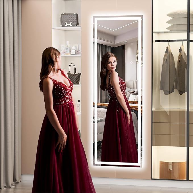 Hasipu Full Length Mirror with Lights, 58" x 18" LED Lighted Floor Standing, Full Body Dressing Hanging Mounted Mirror, Dimmable, Tempered Glass, Safe to Use, Square White