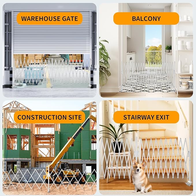 Expandable Barricade Gate,200"" Metal Safety Barrier Gate with Casters,Accordion Garden Yard Outdoor Indoor Fence Folding Security Dog Gates Wall Mount,White, Large