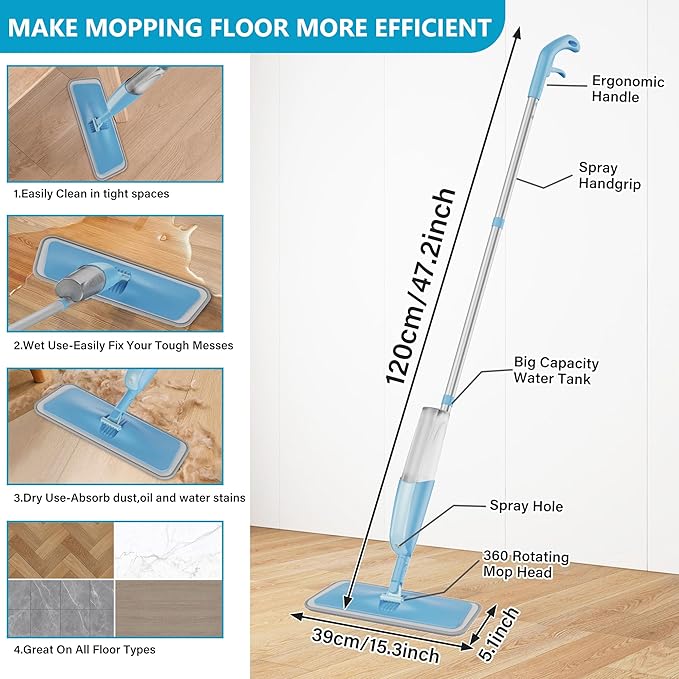 Spray Wet Mops for Hardwood Floor Cleaning: MEXERRIS Floor Mop with 3 Washable Pads for Swiffer Powermop - Refillable Dust Dry Mop - Home Commercial Mops for Wood Laminate Ceramic Tiles Vinyl