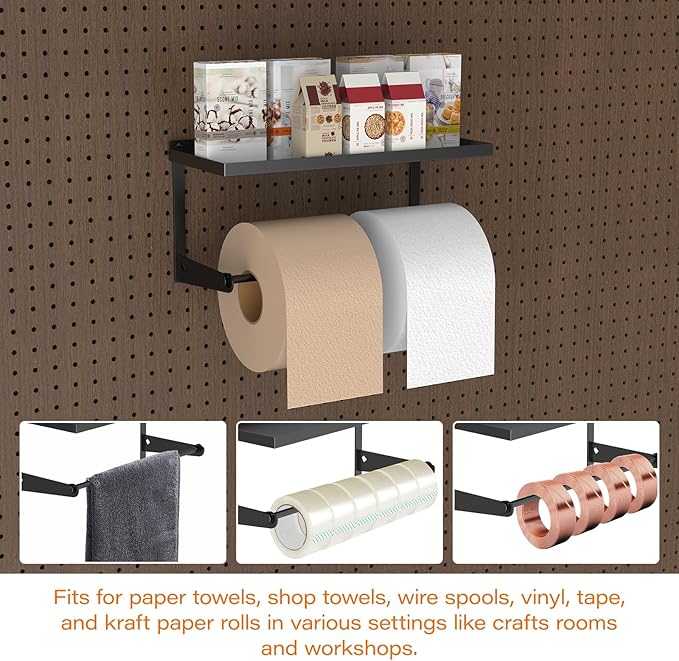 Pegboard Paper Towel Holder with Shelf, Heavy Duty Peg Board Accessory, Metal Pegboard Organizer Accessories for Garage, Workshop, Craft Room