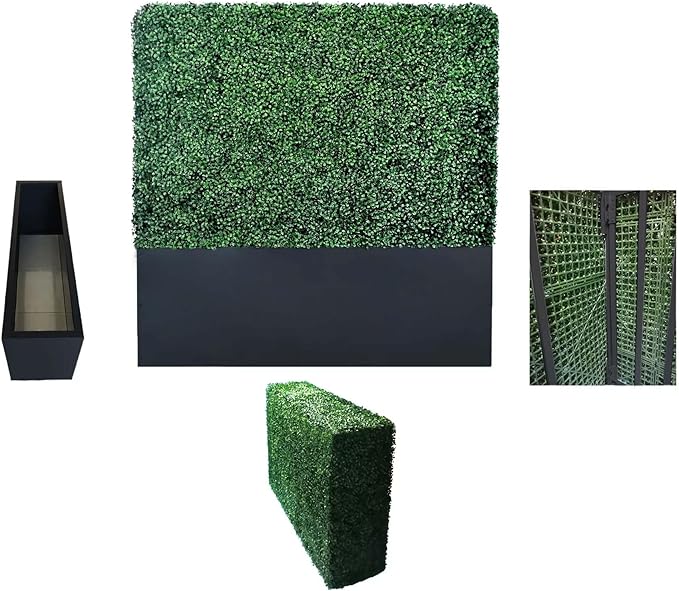 Artificial Boxwood Hedge Wall with Black Stainless Steel Base, Outdoor and Indoor Backdrop Divider Privacy Screen and Decorative Wall for Patio, Balcony, Restaurant, Various Events 48" W*12" D*48" H