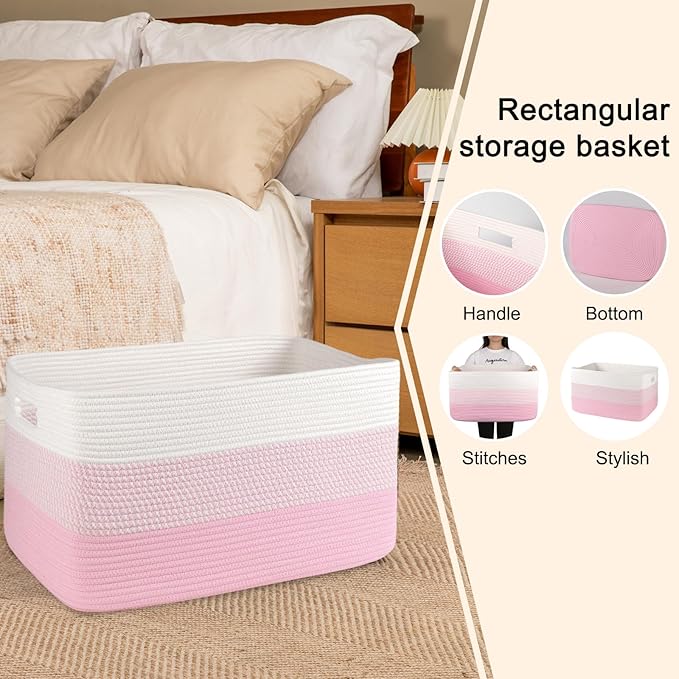 OIAHOMY Large Blanket Basket, 22”x17”x12” Rectangle Woven Baskets, Nursery Blanket Storage Living Room, Toy Storage with Handle, Large Baskets for Organizing - Pink/White
