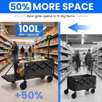 Collapsible Wagon with Wheels, 350lbs Wagons Carts Foldable Wagon Cart with Expandable Storage 100L & Flexible Handle, Lightweight Portable Folding Utility Grocery Shopping Cart for Garden Camping
