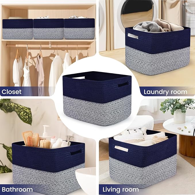 Shelf Woven Storage Basket, 15 x 10 x 9” Closet Rope Baskets For Organizing, Square Bins with Handles, Grey+Blue