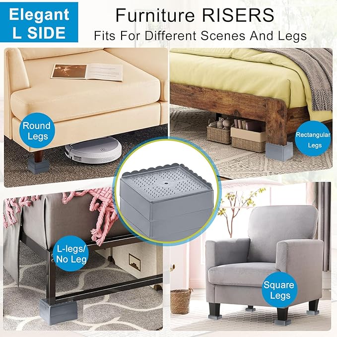Bed Risers 1 inch, 2 inch, 3 inch, 4 inch Heavy Duty, Adjustable Furniture Riser for Table Desk Couch Sofa Chair Recliner Leg Frame Dorm, Stackable Bed Raisers Blocks (Grey 4 Pack, 1+1+1 inch)-1