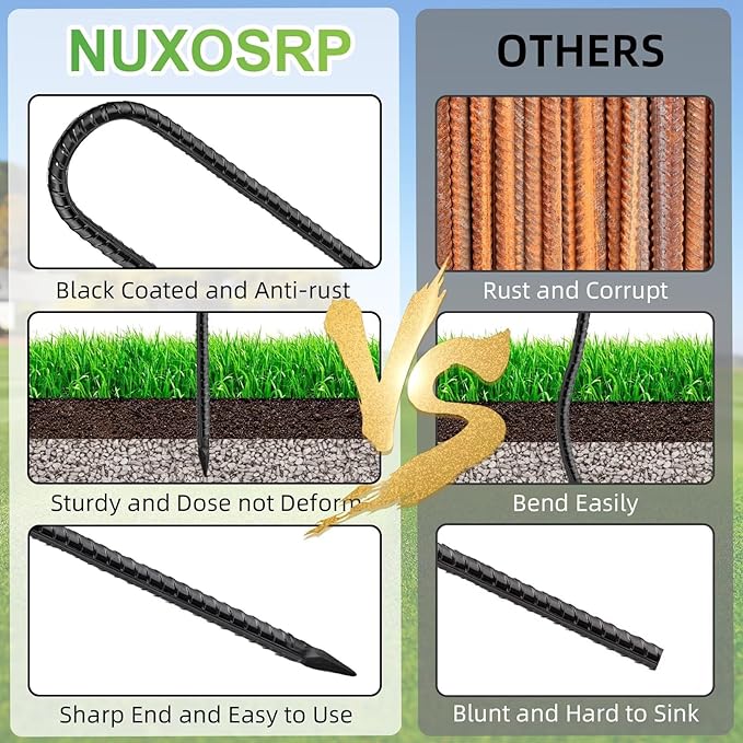 Rebar U Stakes 12 Inch - 8 Pack Black Galvanized Steel Heavy Duty Ground Anchors for Trampoline,Tent,Tarp,Soccer Goal,Garden Stake & Yard Art