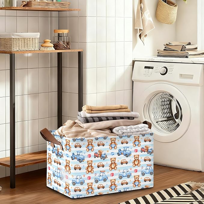 32L Large Storage Bins with Handles, Basket Organizer for Shelves, Closet, Books, Laundry & Home Decor (Cute Bear Car)