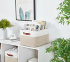 DECOMOMO Storage Baskets for Shelves - Fabric Storage Bins, Linen Closet Organizers and Storage (Beige & White, Large - 4 Pack)