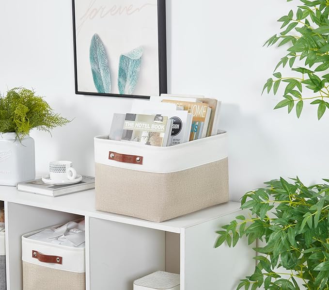 DECOMOMO Storage Baskets for Shelves - Fabric Storage Bins, Linen Closet Organizers and Storage (Beige & White, XL - 3 Pack)