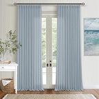 Blue Grey 90 Inch Linen Curtains Pinch Pleated for Living Room Bedroom Dining Boho Coastal Light Filtering Pinch Pleat Drapes Hooks Rings Back Tab Semi Sheer Dusty Blue Window Curtains 2 Panels