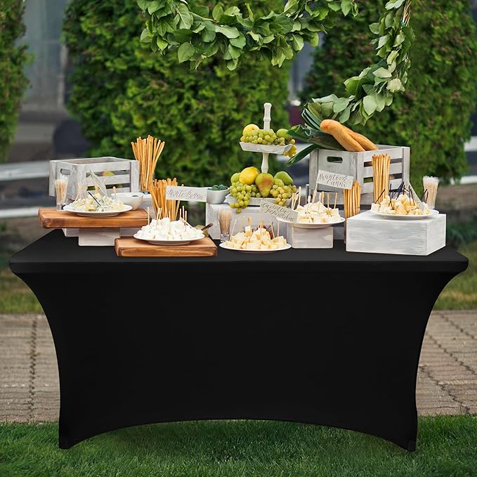 Nasitos 2 Pack Black Table Cloth Rectangle - 8 ft Spandex Stretch Tablecloths Fitted, Washable, Wrinkle-Free for Parties, Banquet & Trade Shows