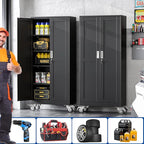 Metal Garage Storage Cabinet with Lock, Steel Tool Cabinet with 2 Door and 4 Adjustable Shelves, 71” Tall Lockable File Cabinet with Wheels, Rolling Cabinet for Home Office Garage Gym - Black