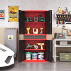 Metal Garage Storage Cabinet with Locking Doors and Drawer, 71" Steel Tool Storage Cabinet with Adjustable Shelves for Garage,Office,Warehouse (Red Black)