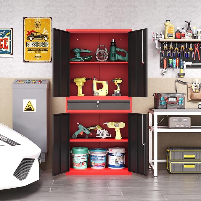 Metal Garage Storage Cabinet with Locking Doors and Drawer, 71" Steel Tool Storage Cabinet with Adjustable Shelves for Garage,Office,Warehouse (Red Black)