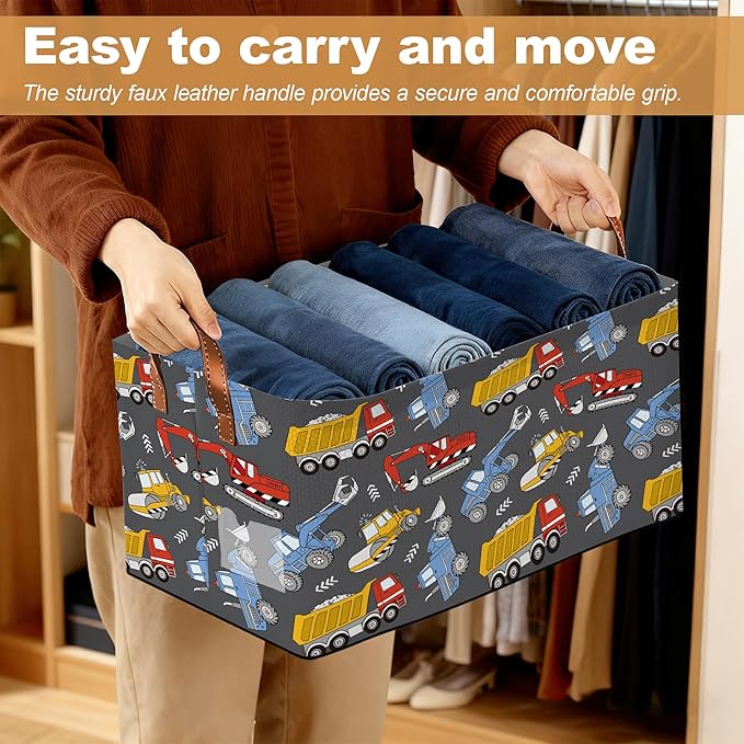 Excavator Car Storage Bins with Handles, Collapsible Storage for Clothes, Gift Basket, Blankets & Closet Organization