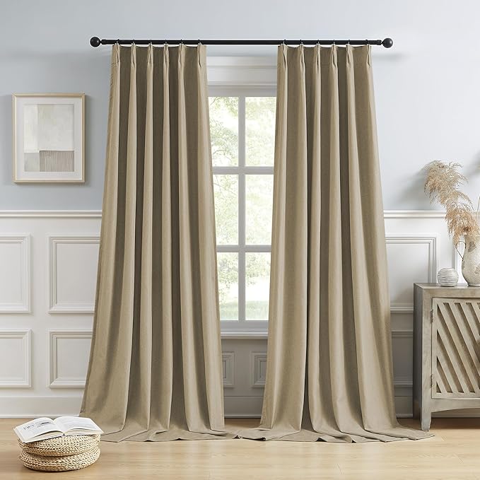 DUALIFE 104 Inch Linen Taupe Blackout Curtains for Bedroom,Pinch Pleated Custom Length Rustic Track System Full Black Out Thermal Insulated Back Tab Drapes for Living Room 2 Panels W40xL104