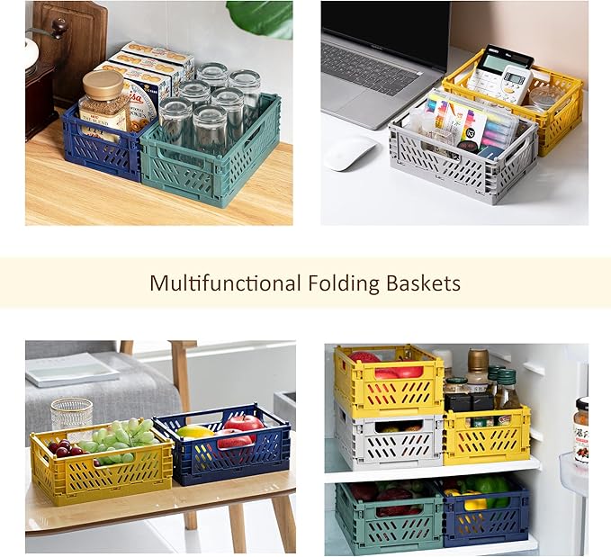 Domiella 2-Pack Crates for Storage, Storage Crates Plastic Stackable, Foldable Crate for Office Home Kitchen Bedroom Bathroom (Small, Blue)